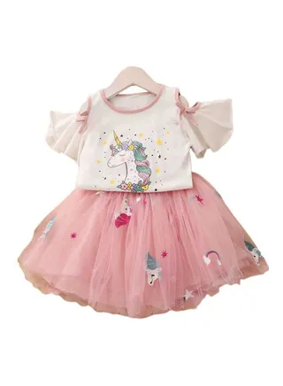2 Pack Unicorn Printed Top With Skirt Pink/White 