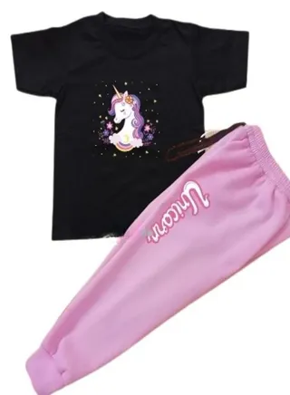 Unicorn Set Black T-shirt Light Pink Pant For Girls 