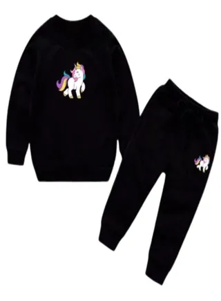 Unicorn Set Printed Hoodie/Pant For Girls Black 