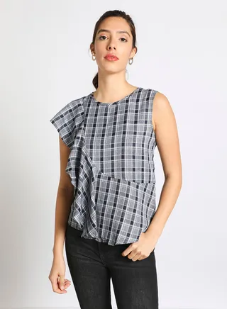 Women's Casual Sleeveless Polyester Tops with Round Neck Checkered Pattern With Ruffles Blue 