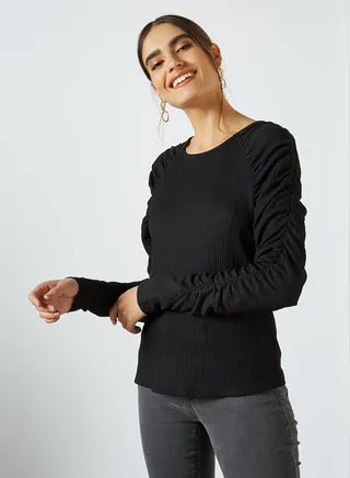 Ruched Sleeve Top Black(C-N10) 