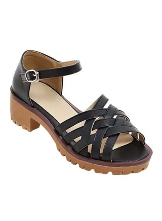 Leather Block Heels Sandals Black 