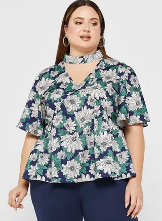 Keyhole Neck Detail Peplum Top 