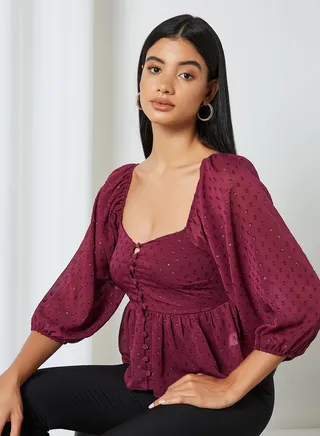 Glitter Dobby Button Dress Burgundy 