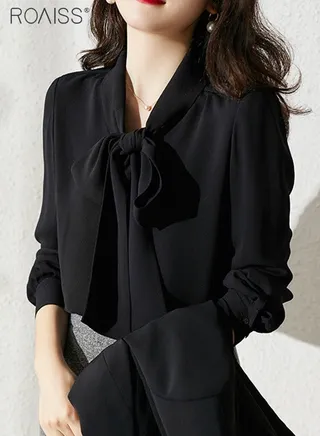 Women's Fashion Casual Chiffon Shirt Neckline Bow Ribbon Temperament Top Casual Loose Fitting Pullover 