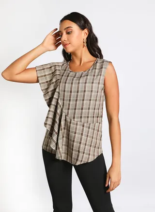 Women's Casual Sleeveless Polyester Tops with Round Neck Checkered Pattern With Ruffles Brown 