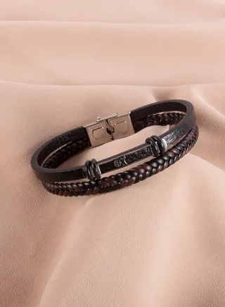 2 Layered Stainless Steel & Black/Brown Leather Bracelet For Men Skull 