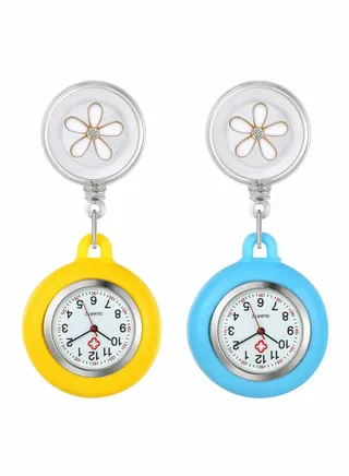 Retractable Nurse Watches, Clip-on Hanging Fob Portable Pocket Watch with Cute Flower Pattern, Lapel Watches for Nurses Doctors with Silicone Cover 