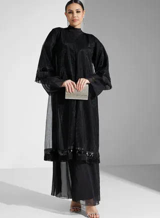 Lace Detail Sequins Black Abaya With Sheila