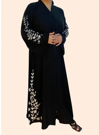 Delicate Floral Embroidery Abaya with Matching Hijab Black 