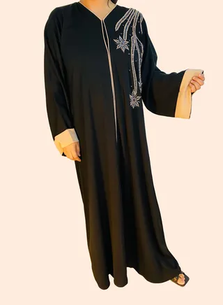 Crystal Vine and Flower Design Abaya with Matching Hijab Black 