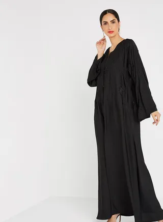 Embroidery Stone Work Abaya Wih Sheila Black 