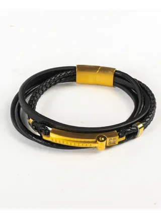 Multi Layers Black Leather & Golden Stainless Steel Bracelet For Him 