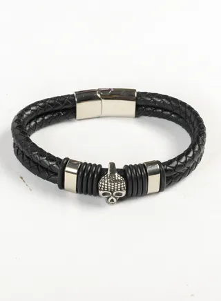 2 Layers Black Leather & Silver Skull Stainless Steel Bracelet For Him 