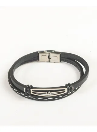 2 Layered Stainless Steel & Black Leather Bracelet For Men 