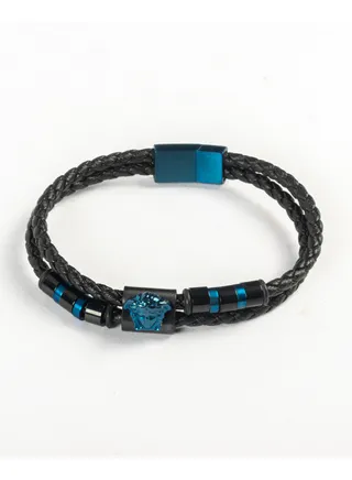 2 Layers Black Blue Leather & Golden Medousa Stainless Steel Bracelet For Him 