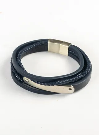 Multi Layers Blue Leather & Silver Stainless Steel Bracelet For Him 