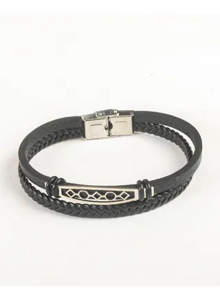 2 Layered Stainless Steel & Black Leather Bracelet For Men 