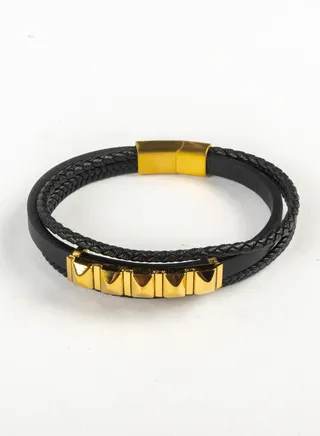 Multi Layers Black Leather & Golden Stainless Steel Bracelet For Him 