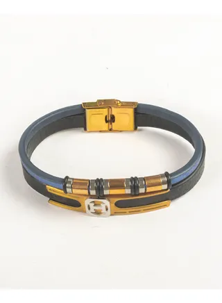 Stainless Steel & Leather 2 Leyers Black, Blue & Gold Bracelet For Him 
