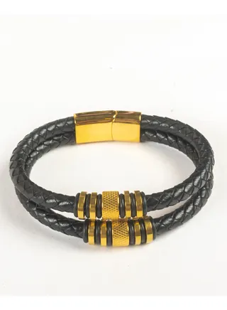 Stainless Steel & Leather 2 Leyers Golden Bracelet For Him 