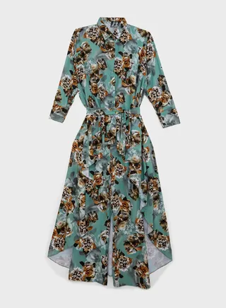 Floral Print Asymmetrical Hem Belted Set 