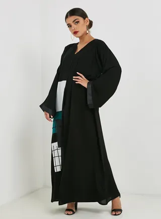 Patchwork Abaya With Hand Sewn Embellishment Black 