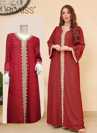 Women Luxury V-neck Polka Dots Robe Maxi Dresses Exclusive Styles Modern Stylish Abaya Middle East Arabic Banquet Wedding Party Dress Women's Festival Clothing 