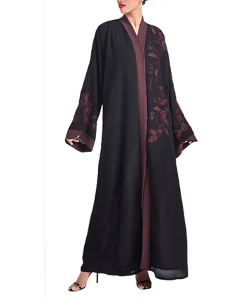 Well Sleeve Leaf Embroidered Abaya Black/Maroon 