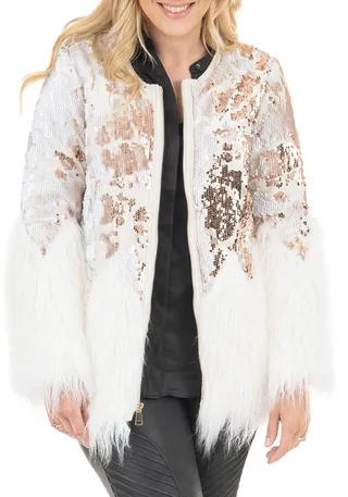 Sequin Shimmer Faux-Fur Coat - Inclusive Sizing