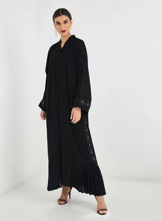 Simple Floral Embroidered Abaya Black 