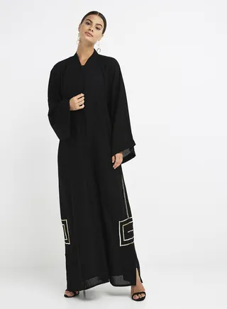 Embroidered Abaya Black/White/Beige 