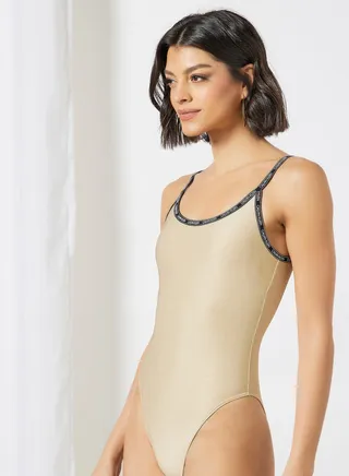 Logo Detailed Swimsuit Beige 