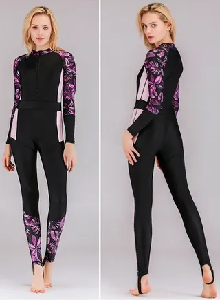 Women Swimwear Long Sleeve Contrast Panel Zip Swimsuit Full Body Swimwear Rash Guard with Sun Protection 