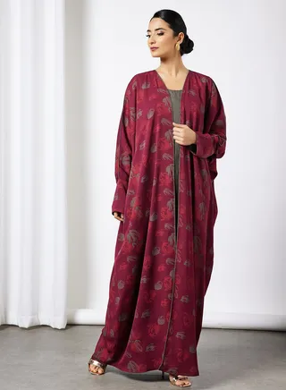Self Print Abaya With Inner Maroon 