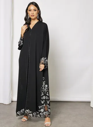 Beads Embellished Abaya Black 