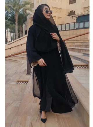 Two Layer Black Abaya With Crystal Hand Work 