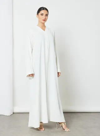 V Neck Plain Abaya White 
