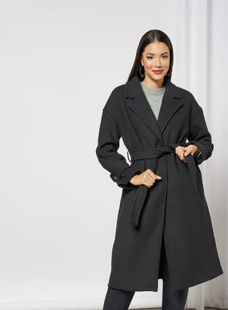 Collared Neck Longline Coat Black 