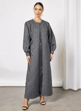 Quilted Pearls Embellished Abaya Grey 