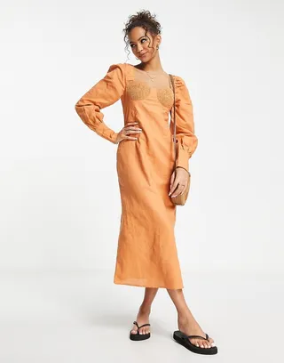 Charlie Holiday Sienna fitted bodice midi dress in mocha
