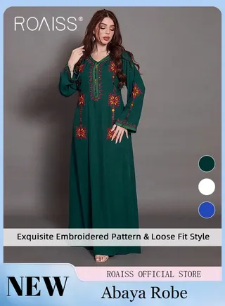 Embroidered Floral Abaya Robes for Women Comfy Soft Arabic Long Dress for Muslim Party Ramadan Stylish Quilted V-Collar Plus Size Moroccan Kaftan 
