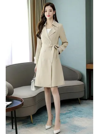 Women's Coat Autumn style double-breasted trench coat womenchic temperament long over-the-knee coat 
