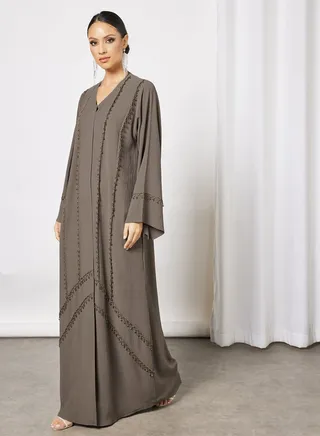Tussels Embellished Abaya Brown 