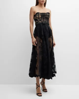 Strapless Floral Lace Belted Midi Bustier Dress
