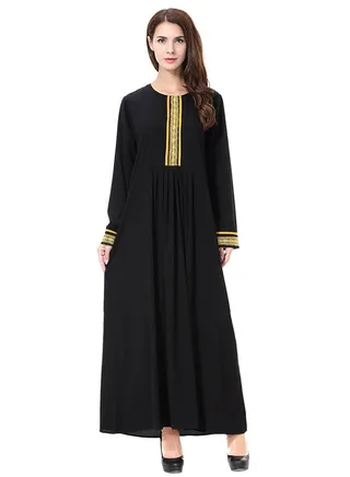 Designer Round Neck Abaya Gold/Black 