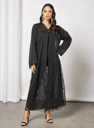 Beads Embellished Abaya Black 