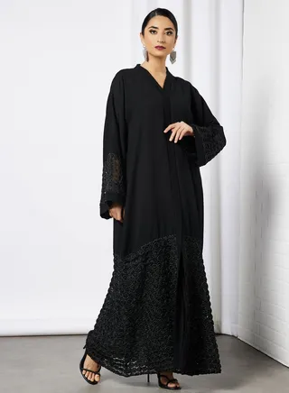 Floral Embossed Abaya Black 