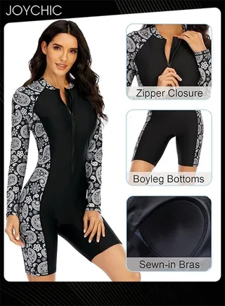 Women One Piece Front Zipper Swimwear Long Sleeve Printed Surf Swimsuit Summer Sun Protection and Breathable Beachwear with High Elastic 
