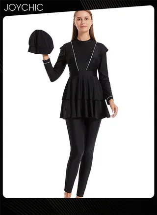 3-piece Muslim Women Conservative Swimwear Set Long Sleeve Round  Neck Comfortable and Sun Protection Beach Wear Summer Lightweight Swimsuit Black 